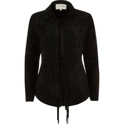 Black suede fringed shirt jacket